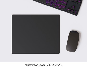 Blank and black computer mouse pad on the desk at home. Mousepad mockup. Copy space for your picture or text. Empty mouse mat ready for your design. Mock up, template. 3D render. 3D Illustration