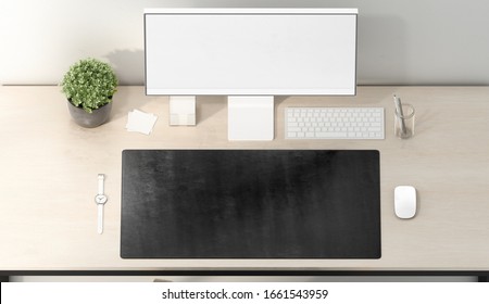 Blank Black Desk Mat Mouse And Keyboard Mockup, Top View, 3d Rendering. Empty Keypad Carpet And White Screen For Workplace Mock Up. Clear Rubber Accessory Pad For Table Pc Mokcup Template.