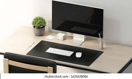 Blank Black Desk Mat With White Mouse And Keyboard Mockup, 3d Rendering. Empty Fabric Lining For Office Gadget Mock Up, Side View. Workplace With Pc Screen And Carpet Mokcup Template.