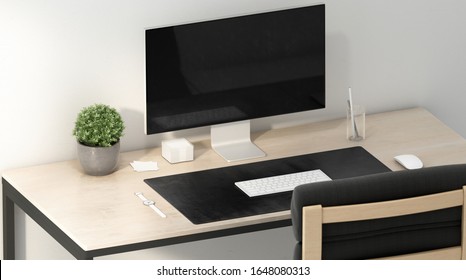 Blank Black Desk Mat With White Mouse And Keyboard Mock Up, 3d Rendering. Empty Rubber Pad On Work-table Mockup, Side View. Clear Computer With Device On Deskmat Mokcup Template.