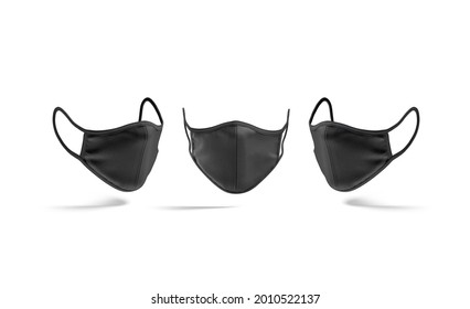 Blank Black Fabric Face Mask Mockup, Front And Side View, 3d Rendering. Empty Textile Respiration For Covid-19 Protective Mock Up, Isolated. Clear Influenza Or Cough Cotton Disguise Template.
