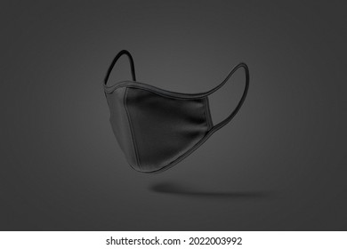 Blank Black Fabric Face Mask Mock Up, Dark Background, 3d Rendering. Empty Medical Textile Bandage Mockup, Side View. Clear Protection Breathing Wear For Doctor Uniform Template.