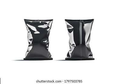 Blank Black Foil Big Chips Pack Mockup Stand, Front Back View, 3d Rendering. Empty Sachet Plastic Envelope For Pretzel Or Doritos Mock Up, Isolated. Clear Riffle Crackers In Large Packet Template.