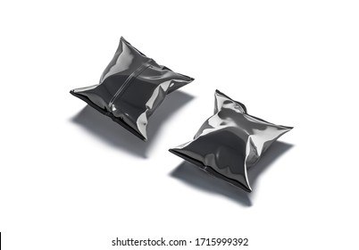 Blank black foil chips pack mockup, front and back view, 3d rendering. Empty sachet packaging for cheese balls or potato doritos mock up, isolated. Clear sealed envelope for snack mokcup template.