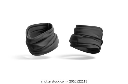 Blank Black Folded Neck Gaiter Mockup, Half-turned View, Side Back, 3d Rendering. Empty Cloth Face Mask Or Buff Mock Up, Isolated. Clear Protect Headwear For Snowboard Template.