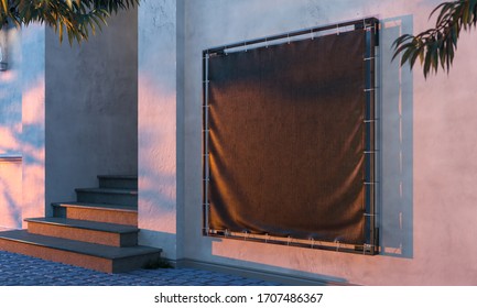 Blank Black Foursquare Outdoor Vinyl Textile Banner At Modern Building Wall. 3d Rendering