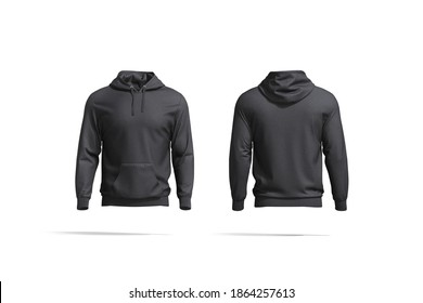 Blank black hoodie with hood mockup, front and back view, 3d rendering. Empty crewneck hooded sweat-shirt mock up, isolated. Clear loose overall fabric tolstovka or jumper template.
