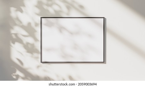 Blank Black Horizontal Frame Mock Up With Leaves Shadows And Sunlight On White Wall Background, 3d Rendering