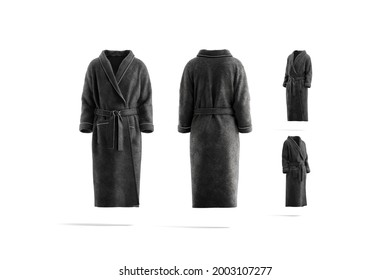 Blank Black Hotel Bathrobe Mock Up, Different Views, 3d Rendering. Empty Fleece Wraparound Terry Mock Up, Isolated. Clear Comfortable Fabric Banian For Bath Hygiene Template.