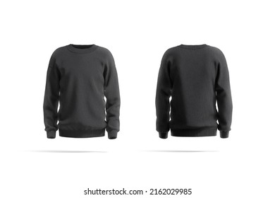 Blank Black Knitted Sweater Mockup, Front And Back View, 3d Rendering. Empty Seasonal Handmade Knitwear Mock Up, Isolated. Clear Fleece Overall Sweatshirt Or Blazer Template.