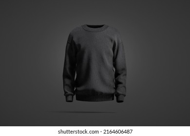 Blank Black Knitted Sweater Mockup, Dark Background, 3d Rendering. Empty Knitting Pullover Or Sweat-shirt Mock Up, Front View. Clear Casual Warm Clothing For Seasonal Outfit Template.