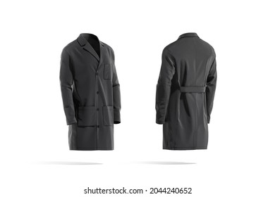 Blank Black Medical Lab Coat Mockup, Side And Back View, 3d Rendering. Empty Surgeon Or Therapist Jacket Mock Up, Isolated. Clear Hakeem Or Nurse Apparel With Pocket Template.