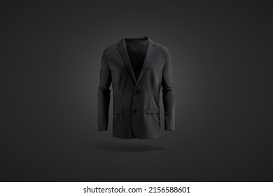 Blank Black Men Blazer Mockup, Dark Background, 3d Rendering. Empty Classic Notch Lapel Jacket With Buttons Mock Up, Front View. Clear Male Textile Costume Cardigan Template.