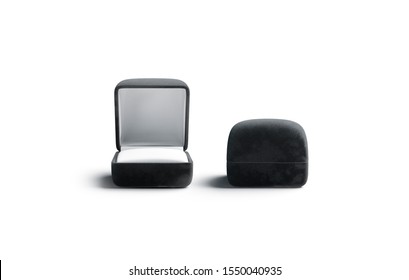 Blank Black Opened And Closed Ring Box Mockup, Front View, 3d Rendering. Empty Classic Wedding Case Mock Up Isolated. Clear Dark Plush Container For Accessory Surprise Mokcup Template.