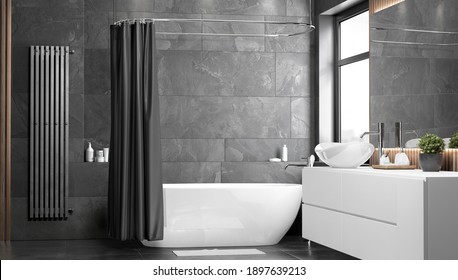 Blank Black Opened Shower Curtain Mockup, Front View, 3d Rendering. Empty Fabric Or Polyester Slip Shutter Mock Up. Clear Polyester Texture Cover For Apartment Bath Template.