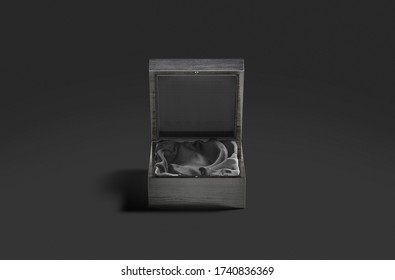 Blank Black Opened Wood Gift Box Mockup, Dark Background, 3d Rendering. Empty Decoration Case With Silken Material Mock Up, Front View, Isolated. Clear Small Safe Pack For Jewelry Mokcup Template.