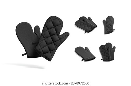 Blank Black Oven Mitt Mock Up, Different Views, 3d Rendering. Empty Neoprene Hot Pad Or Gantlet For Cooking Mockup, Isolated. Clear Protective Cotton Potholder For Burn Furnace Template.