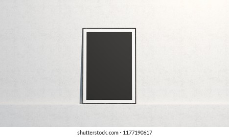 Blank Black Paper Poster Mock Up, Stand At White Gallery Wall, Isolated, 3d Rendering. Empty Art Placard With Frame In Museum Mockup, Front View. Clean Photo Cadre Canvas Template