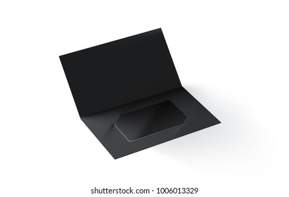 Blank black plastic card mockup inside paper booklet holder isolated, 3d rendering. Clear loyalty program folded brochure with certificate mock up. Customer loyal booklet envelope template.