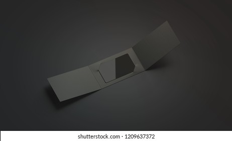 Blank Black Plastic Card Mockup Inside Opened Paper Booklet Holder, Isolated On Dark Background, 3d Rendering. Empty Gift Card In Envelope Mock Up. Clear Package With Certificate For Loyal Program.