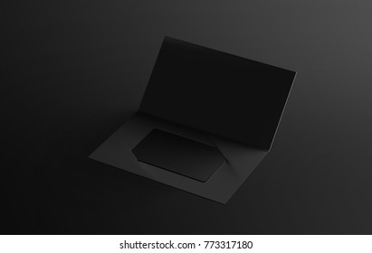 Blank black plastic card mockup inside paper booklet holder, 3d rendering. Clear loyalty program folded brochure with certificate mock up. Customer loyal booklet envelope template.