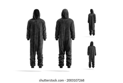 Blank Black Plush Jumpsuit With Hood Mockup, Different Views, 3d Rendering. Empty Fleece Nightwear For Adult Mock Up, Isolated. Clear Sleepwear Pants Or Hooded Costume Template.