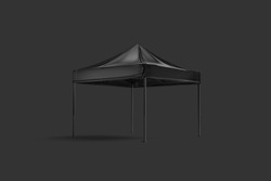 Blank Black Pop-up Canopy Tent Mock Up, Dark Background, Half-turned View, 3d Rendering. Empty Fabric Roof For Comping Mockup. Clear Awning For Protection On Presentation Mokcup Template.