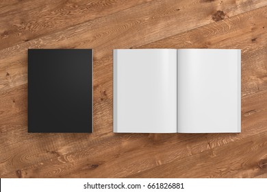 Blank Black Portrait Soft Cover Book With Glossy Paper On Wooden Background. Open And Closed, Isolated  Around Each Book. 3d Illustration