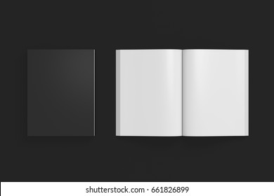 Blank Black Portrait Soft Cover Book With Glossy Paper On Black Background. Open And Closed, Isolated  Around Each Book. 3d Illustration