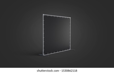 Blank Black Press Wall Mockup, Isolated On Dark Background, 3d Rendering. Empty Commercial Booth Mock Up, Half-turned View. Clear Dark Stretch Display For Ad Or Advertise Mokcup Template.