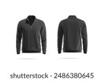 Blank black quarter zip sweater mockup, front and back view, 3d rendering. Empty male textile or knit pullover mock up, isolated. Clear classic or casual pullover or jumper with. 3D Illustration