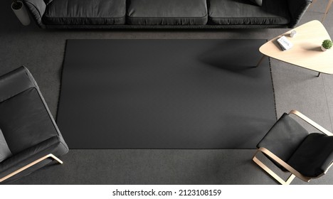 Blank Black Rectangular Interior Carpet In Room Mockup, Top View, 3d Rendering. Empty Fur Floor Covering For Apartment Design Mock Up. Clear Decorative Doormat Or Textile Matting Template.