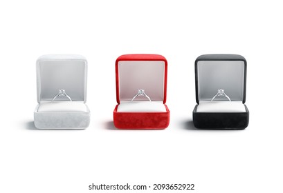 Blank black, red, white box with silver diamond ring mockup, 3d rendering. Empty velvet classic package for brilliant mock up, isolated, front view. Clear brilliance jemstone in square case template.
