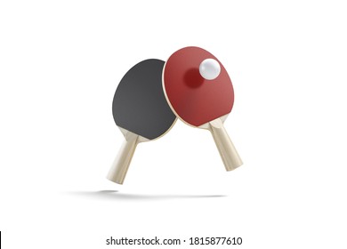 Blank black, red wood table tennis racket with ball mockup, no gravity, 3d rendering. Empty texture desktop for ping-pong game mock up, isolated. Clear tabletennis board for competitive template.