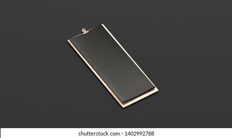 Blank Black Restaurant Menu, Wooden Board Mock Up, 4 Inch, Isolated, 3d Rendering. Clean Clipboard With Paper Dark List Mockup. Empty Restaurant Or Bar Carte Template. Clear Notebook With List.