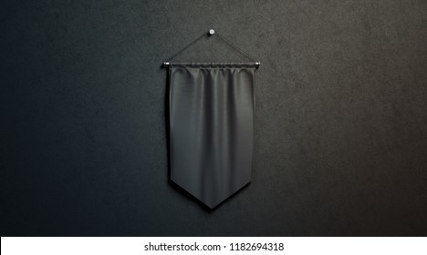 Blank Black Rhombus Pennant Mockup, Hang On Black Wall In Darkness, 3d Rendering. Empty Wall Mounted Flag Mock Up. Hanging Penant Template, Front View.