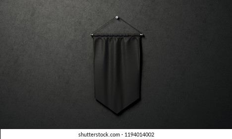 Blank Black Rhombus Pennant Mockup, Near Dark Wall, 3d Rendering. Empty Hanging Pendant Mock Up. Clear Mounted Flag In Darkness Template. Advertising Canvas, Front View.