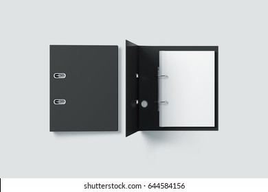 Blank Black Ring Binder Folder Design Mock Up Top View, 3d Rendering. Self-binder Mockup With Stack Of A4 Paper. Office Supply Cardboard Folder Branding Presentation. Desk Lever Arch File Cover.