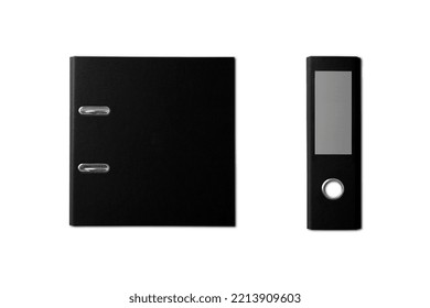 Blank Black Ring Folder Design Mockup, Top And Side Viewing, 3d Rendering. Self-adhesive Layout With. Presentation Of Stationery Cardboard Folder Branding. 