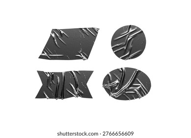 Blank black round, oval, rectangle adhesive crumpled tape mockup, isolated, 3d rendering. Empty rugose sticking tag for industrial equipment mock up, top view. Clear gaffa attached sticker template.