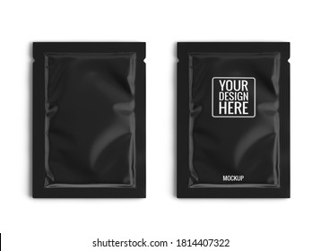 Blank black sachet packet isolated on white. Small pack sachet mockup. 3d rendering