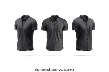 Blank Black Short Sleeve Button Down Shirt Mockup, Front Side, 3d Rendering. Empty Cotton Male Polo-shirt Mock Up, Isolated. Clear Classic Or Casual Garment For Policeman Template.