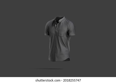 Blank Black Short Sleeve Button Down Shirt Mockup, Dark Background, 3d Rendering. Empty Aloha Shirt Or Blouse For Man Mock Up, Side View. Clear Slim Cotton Apparel Ith Pocket Template.