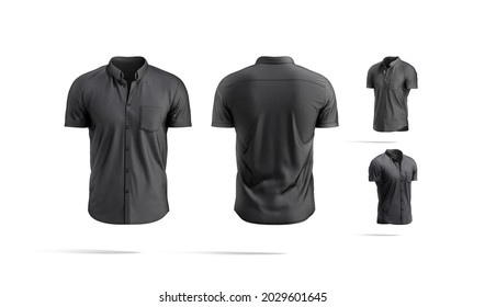 Blank Black Short Sleeve Button Down Shirt Mockup, Different Views, 3d Rendering. Empty Slim Tee-shirt Or Blouse Model Mock Up, Isolated. Clear Male Poloshirt With Short Sleeve Template.