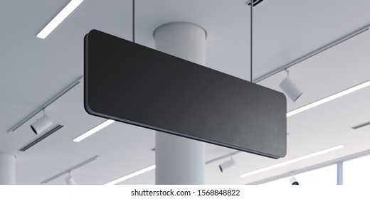 Blank Black Signboard Mock Up. Empty Signage Template In Modern Bright Building Interior. 3d Rendering.