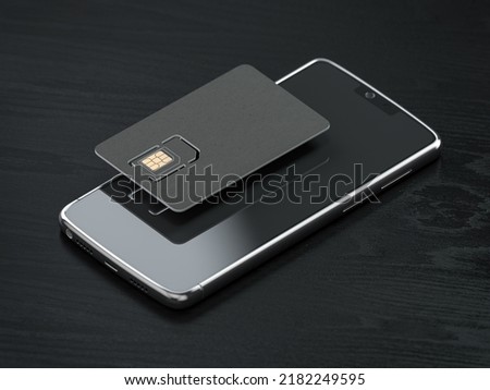 Blank black SIM smart card and mobile phone or smartphone on black table. Mock up. 3d illustration