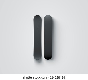 Blank Black Snowboard Design Mockup Isolated, Front And Back Side View, 3d Rendering. Clear Snow Board Mock Up Top And Bottom. Clear Realistic Snowboarding Sport Equipment Template For Printing.