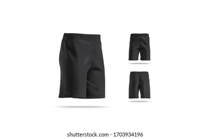 Blank Black Soccer Shorts Mockup, Different Views, 3d Rendering. Empty Sporty Boxer For Fitness Or Swim Mock Up, Isolated. Clear Football Breathable Pants For Match Mokcup Template.