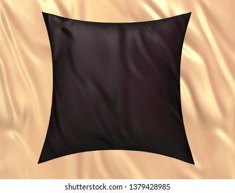 Blank Black Soft Square Satin Pillow On Golden (beige) Bedsheet, Mockup For Your Design, 3D Render