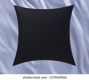 Blank Black Soft Square Satin Pillow On Gray Bedsheet, Mockup For Your Design, 3D Render